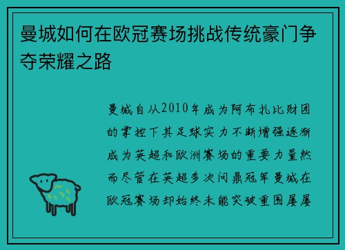 曼城如何在欧冠赛场挑战传统豪门争夺荣耀之路